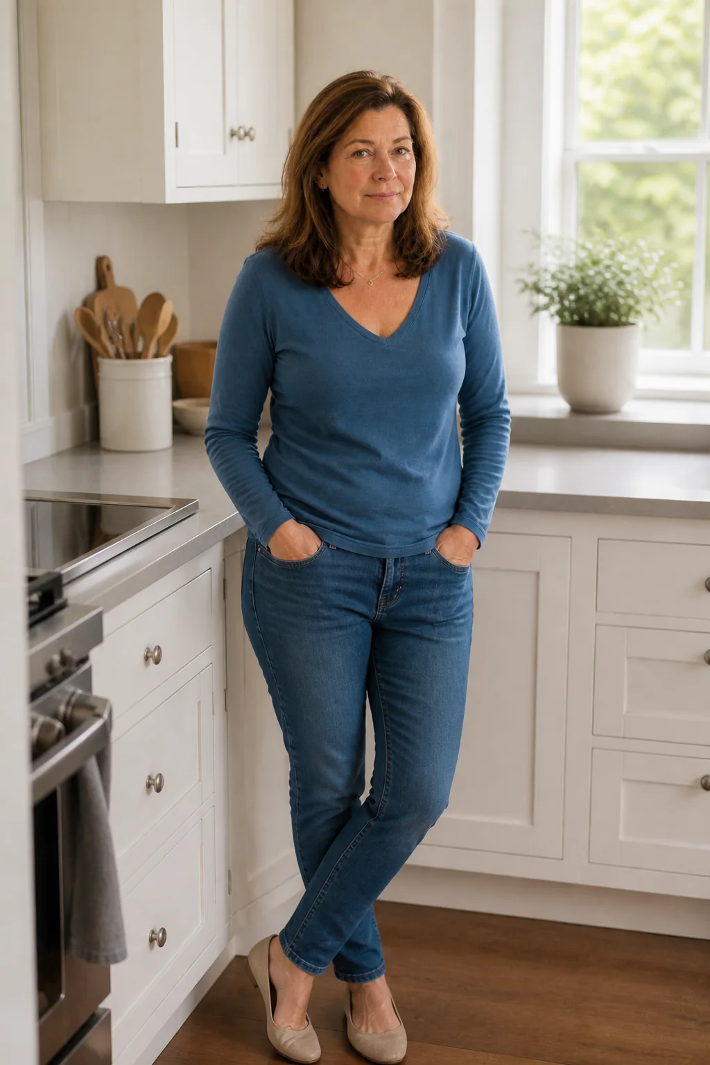 A middle-aged woman standing in her kitchen