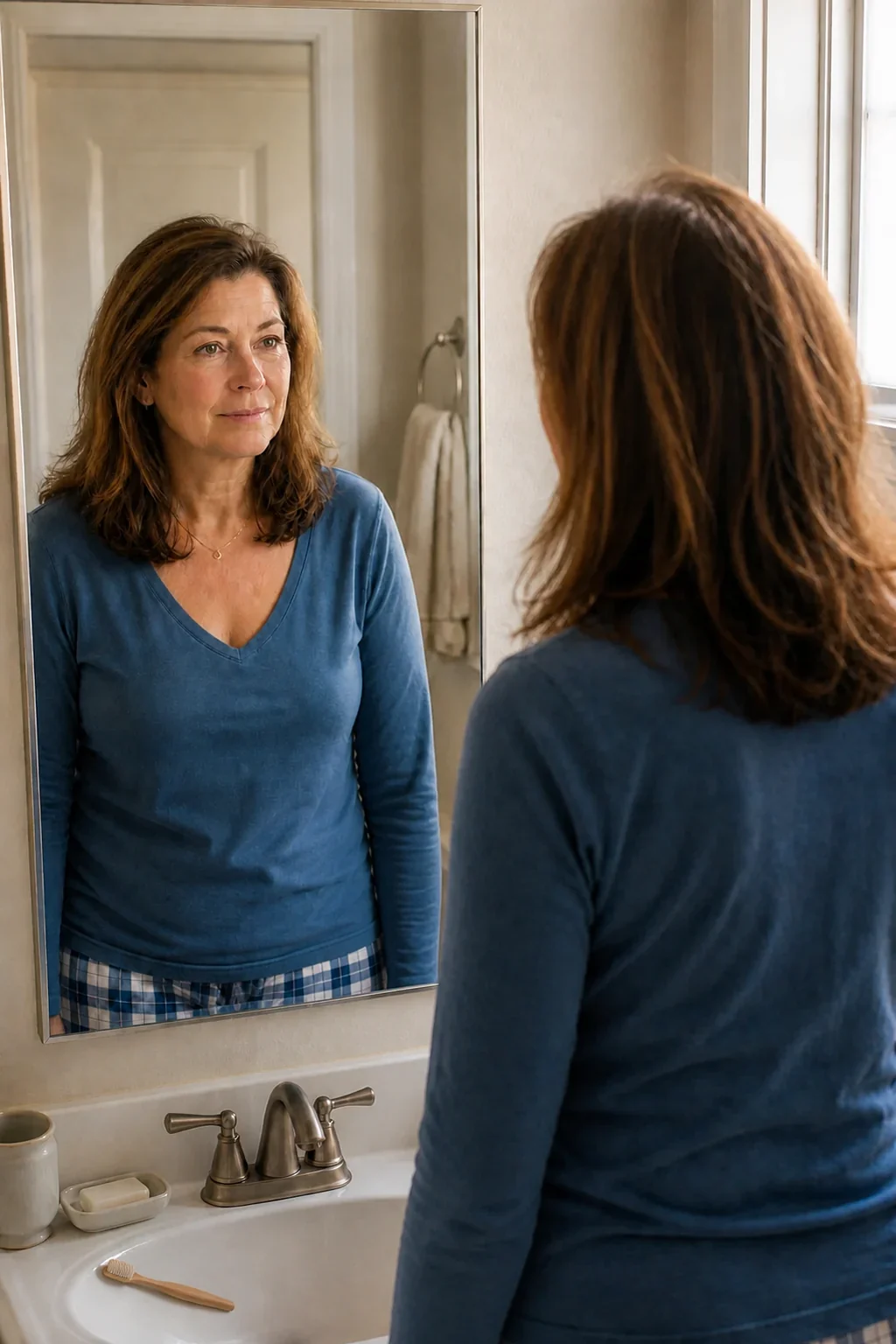 A woman looking at herself in the bathroom mirror