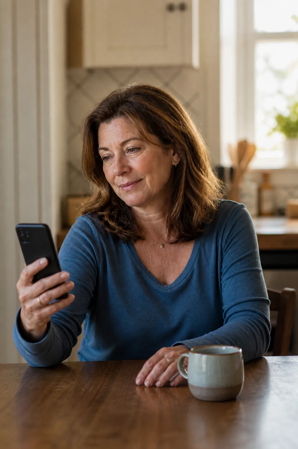 A woman watching a short video on her phone at the kitchen table